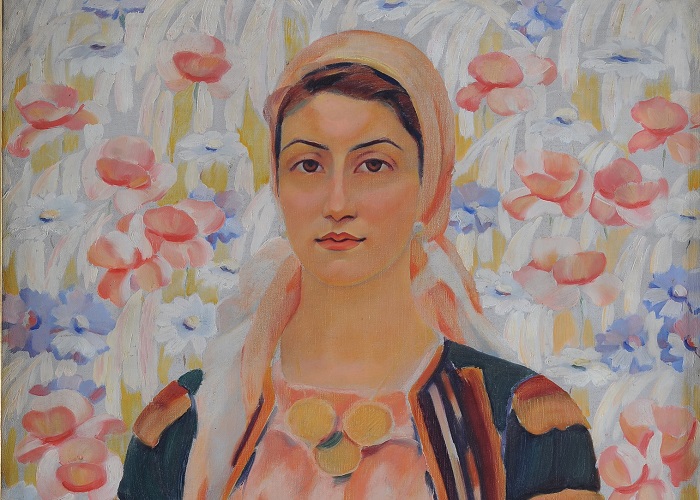 Владимир Димитров-Майстора, „Мома от с. Калотинци“, към 1929 г., детайл,  Колекция на Националната галерия. Репродукция: Явор Попов - Жена, вълшебница, богиня