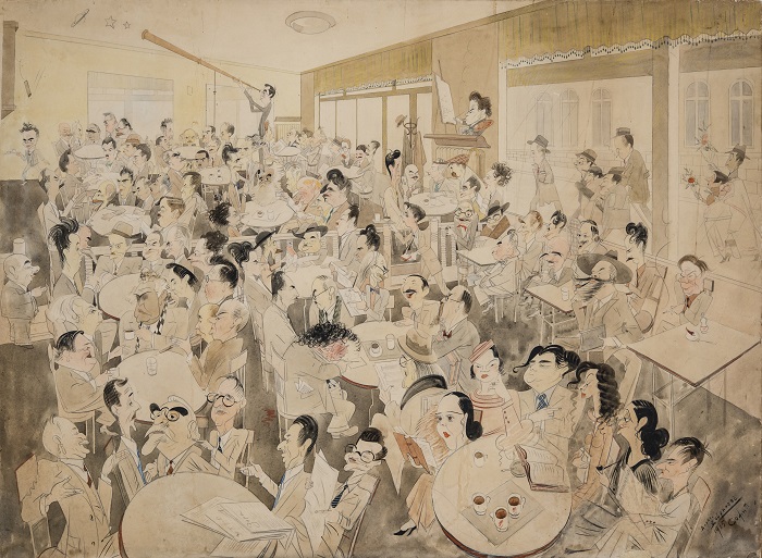 Александър Добринов, „Кафе-сладкарница „Цар Освободител”, 1935 г. - Показват Писателското кафене в шаржа на Александър Добринов