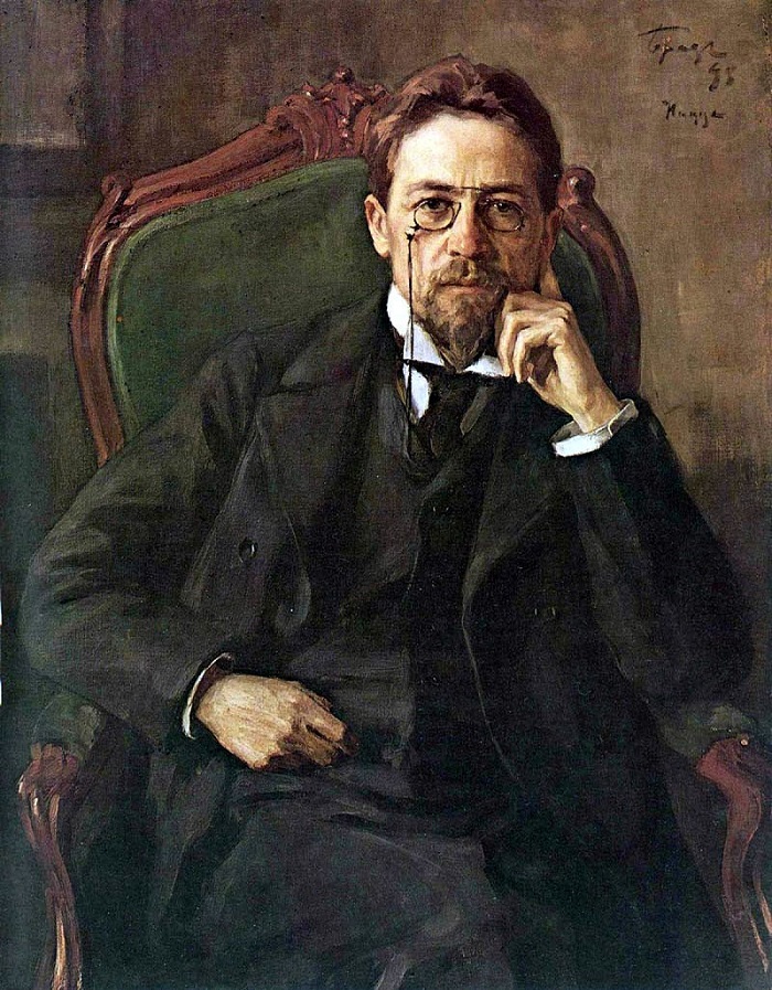 Това е най-известният портрет на Чехов, нарисуван от художника Осип Браза. Писателят не харесвал картината, казвал, че в нея „има нещо, което не е мое, но липсва нещо, което е мое“. Казал още, че ако започне да пише мрачни разкази и стане песимист, вината ще бъде на този портрет. - Добрият лекар, за когото литературата беше любовница