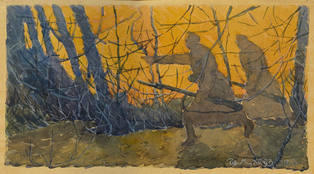 Изложбата се фокусира върху военния период около 1917 – 1918 година. Тогава Иван Милев е при Тулчанските позиции, където е част от балонното отделение при въздухоплавателната дружина към българската армия. Снимка: Художествена галерия - Казанлък - Чайката на Иван Милев, долетяла от бойното поле