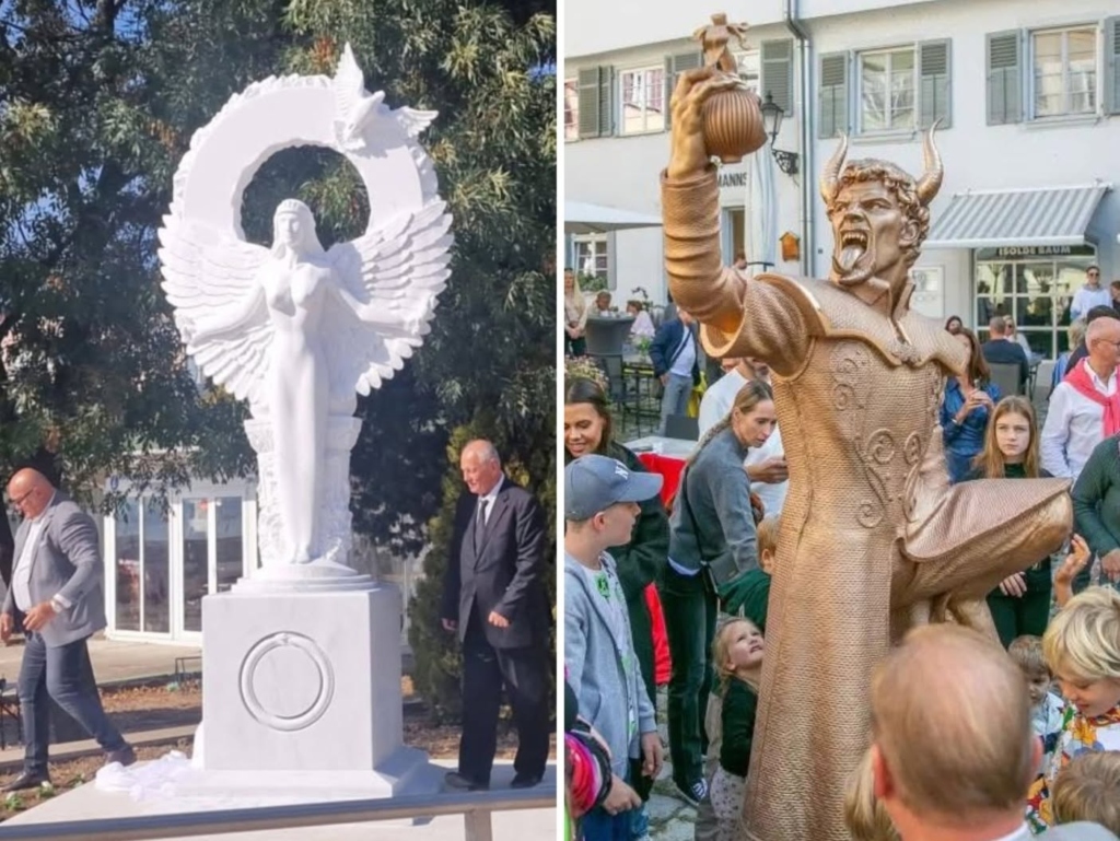 И светлината (Изида), и Дяволът доведоха до остри обществени реакции. Снимки: Анонимен профил във Фейсбук и Луна Кльос/Общината в Еслинген - Гняв в Германия от дявол с лук на градския площад