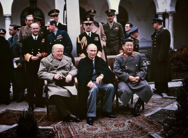 Срещата между лидерите на САЩ, Русия и Китай би означавала, че светът се връща към времената, когато Велики сили са определяли съдбата на по-малките държави. Снимка: Grok - Трима владетели на масата, останалият свят е в менюто